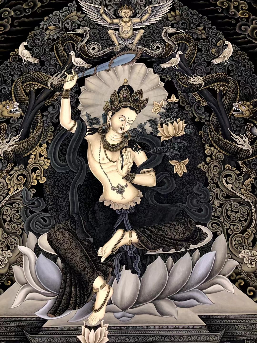 仏画】 文殊菩薩像 掛軸 紙本墨画 唐画 中国画 室町水墨 禅画 仏教